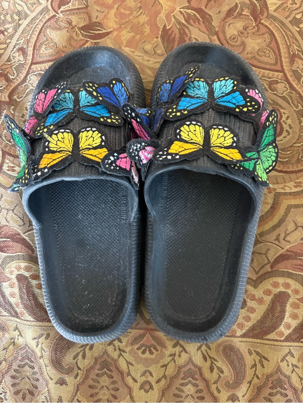 Black Slide Sandals with Multicolor Butterfly Accents
